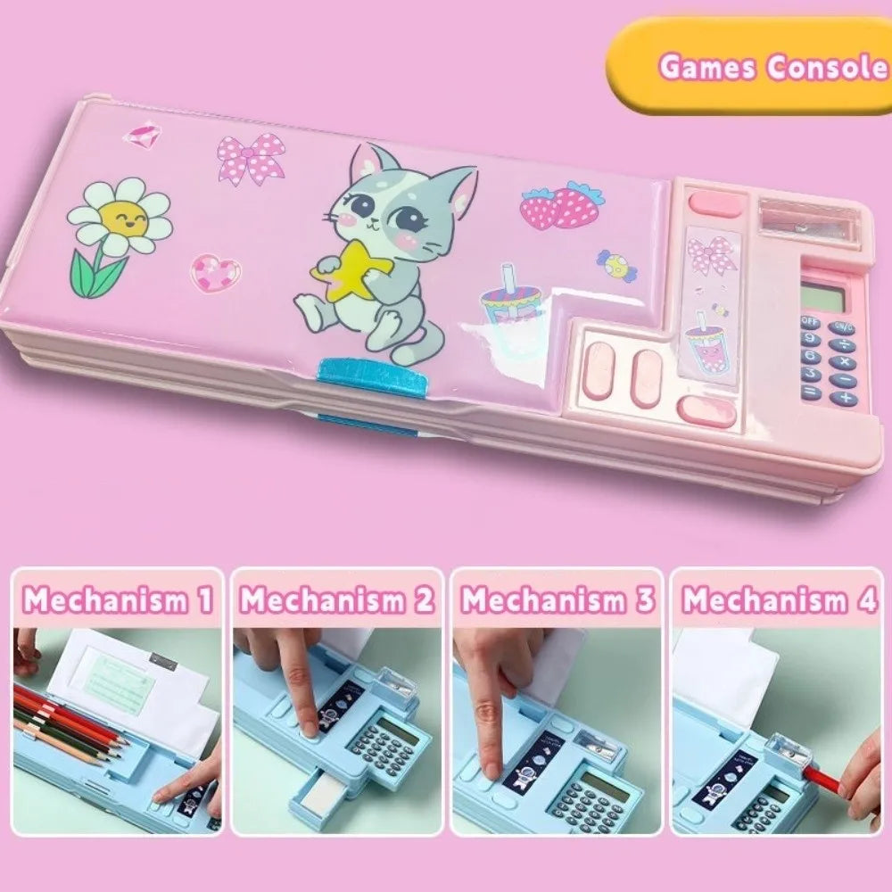 Double Layer Pencil Case with Calculator & Sharpener – Kids