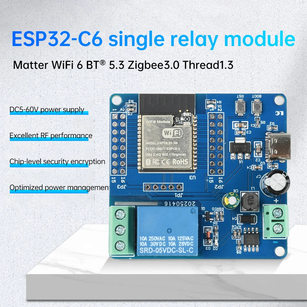 ESP32-C6 Wi-Fi 6 Bluetooth Relay Dev Board | Type-C DC 7-60V