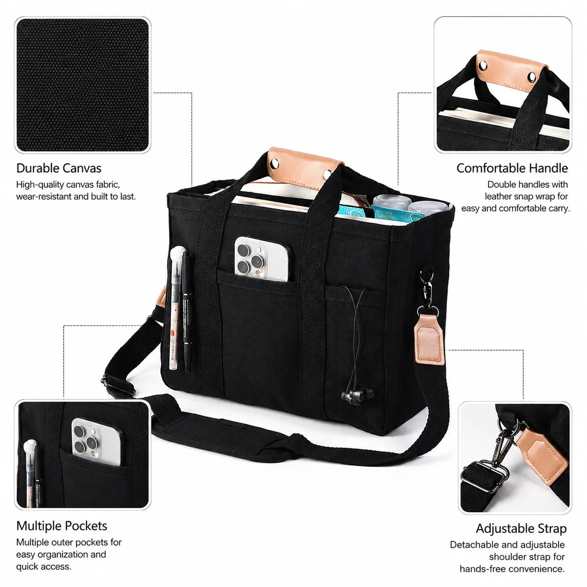 Large Canvas Tote Organizer Bag – Multi-Pocket & Shoulder Strap