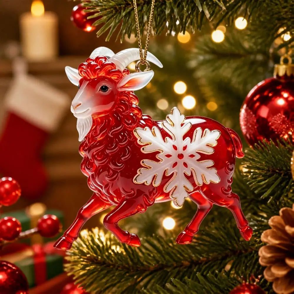 Acrylic Goat Hanging Ornament with Gold Cord & Snowflake