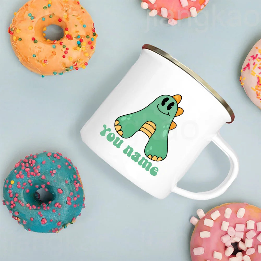 Personalized Kids Dinosaur Enamel Mug – Custom Name & Initial