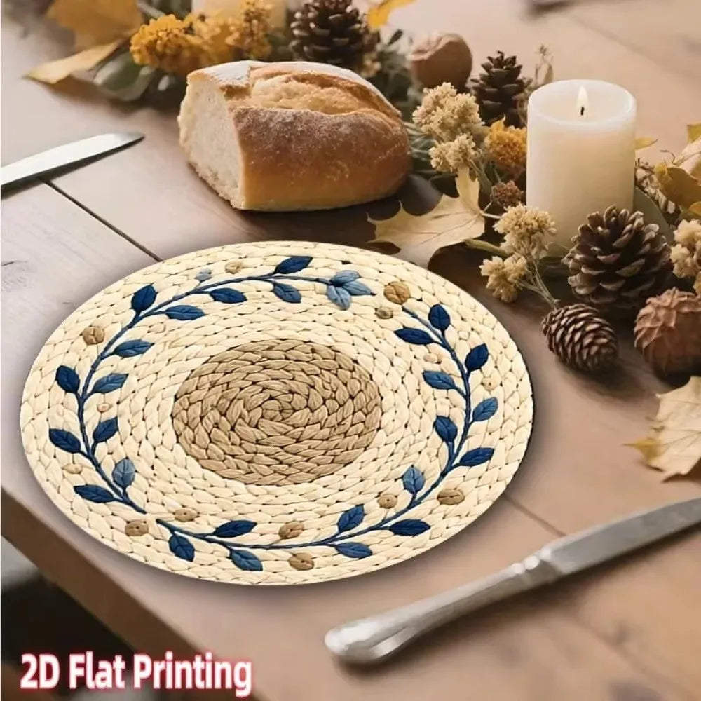 Round Flower Printed Placemat – 15" Wipeable Rattan-Look Mat