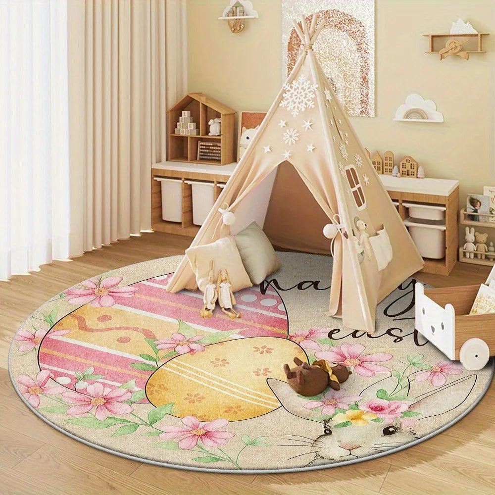 Easter Bunny Round Area Rug – Floral Rabbit Print Carpet