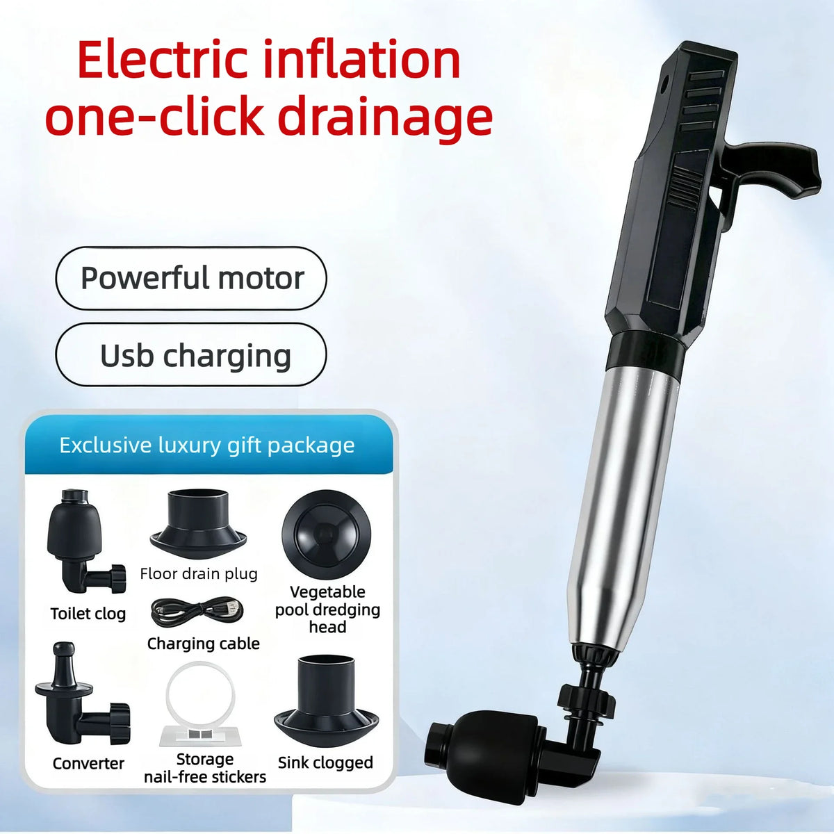 Electric High-Pressure Drain Unclogger – 8-Piece Home Set