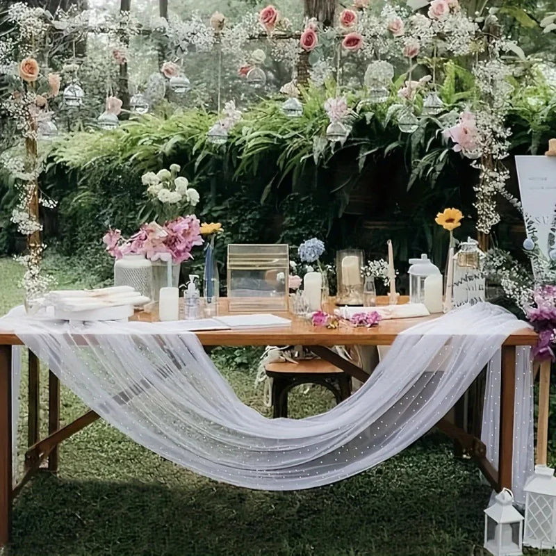White Pearl Tulle Mesh Table Runner – Wedding & Party Décor