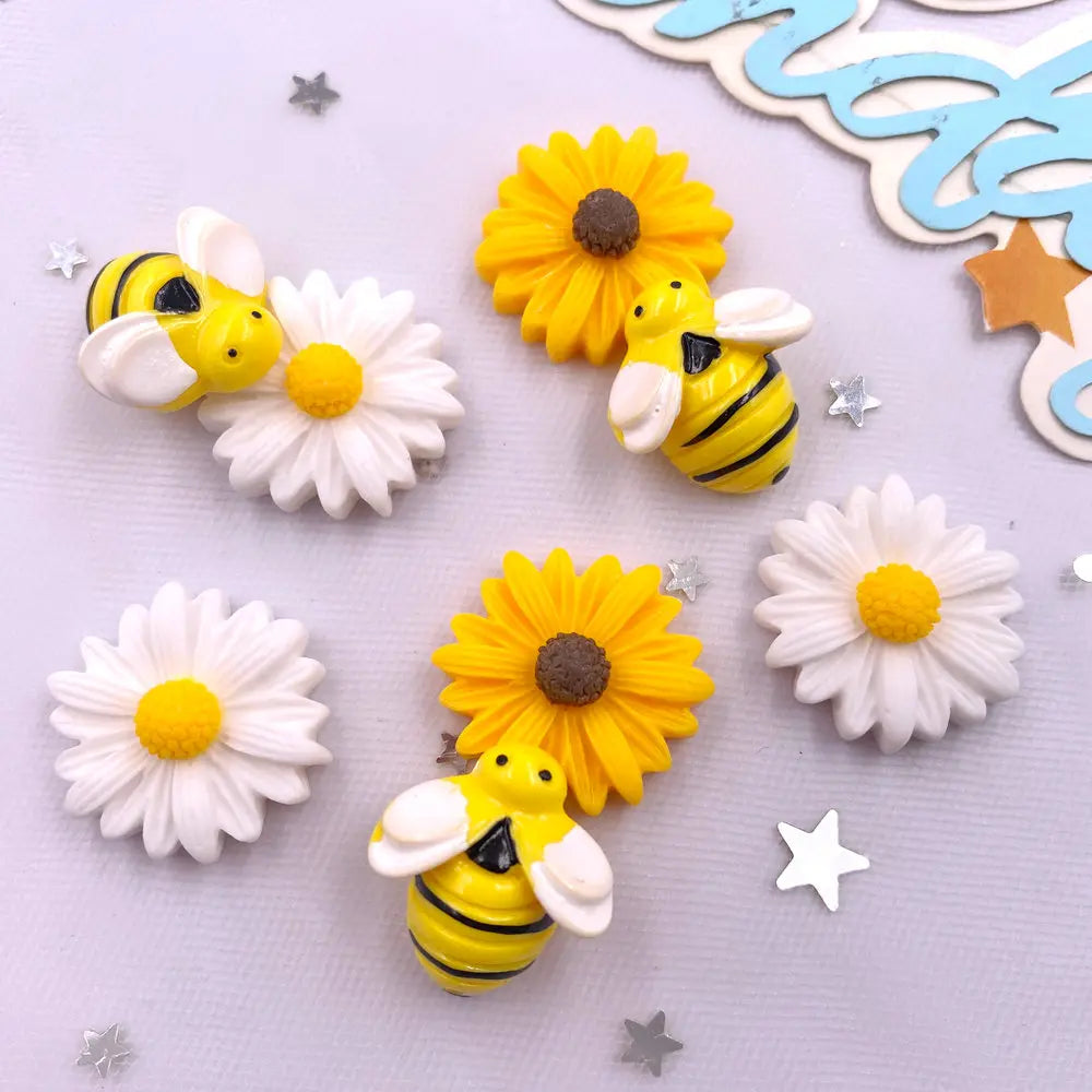 10PCS 3D Resin Bee & Flower Flat Back Figurines for DIY Crafts