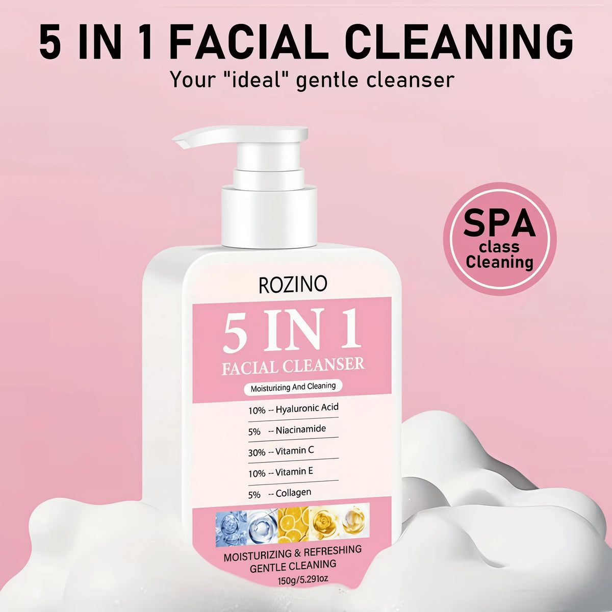 ROZINO 5-in-1 Facial Cleanser 150g – Hyaluronic Acid & Niacinamide