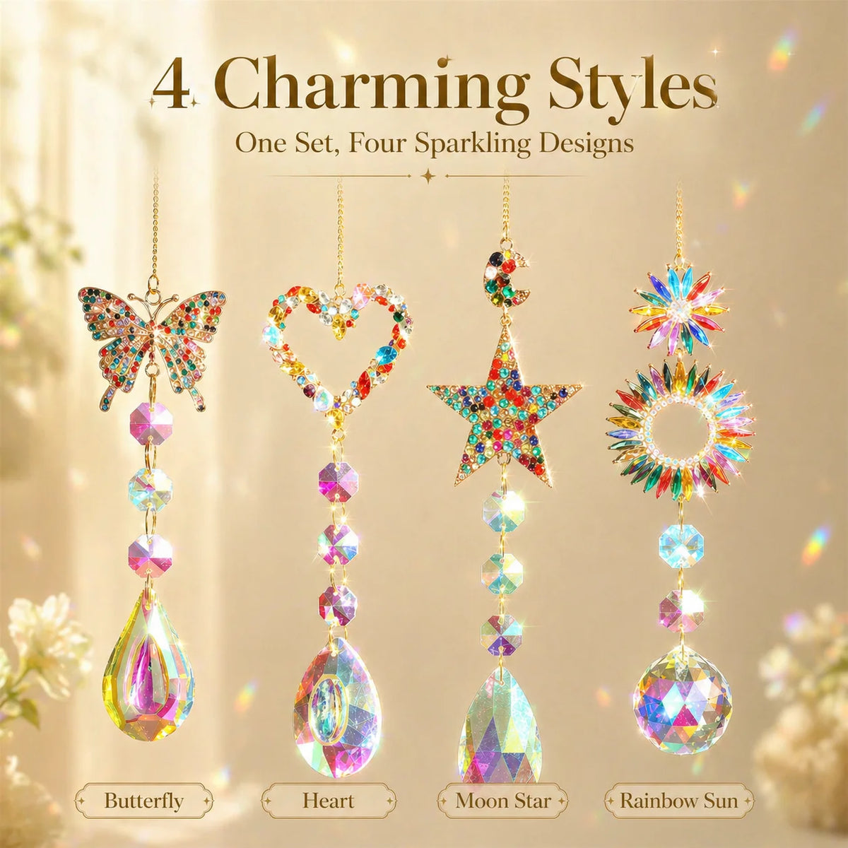 Crystal Suncatcher Set 4Pcs – Rainbow Window Hanging Ornaments