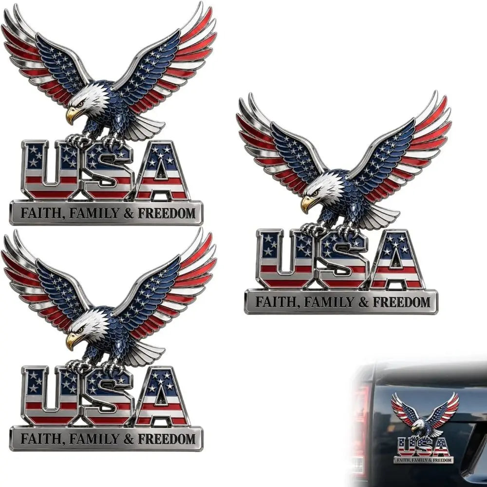 3D USA Eagle & Flag Zinc Alloy Car Emblem – Faith Family Freedom