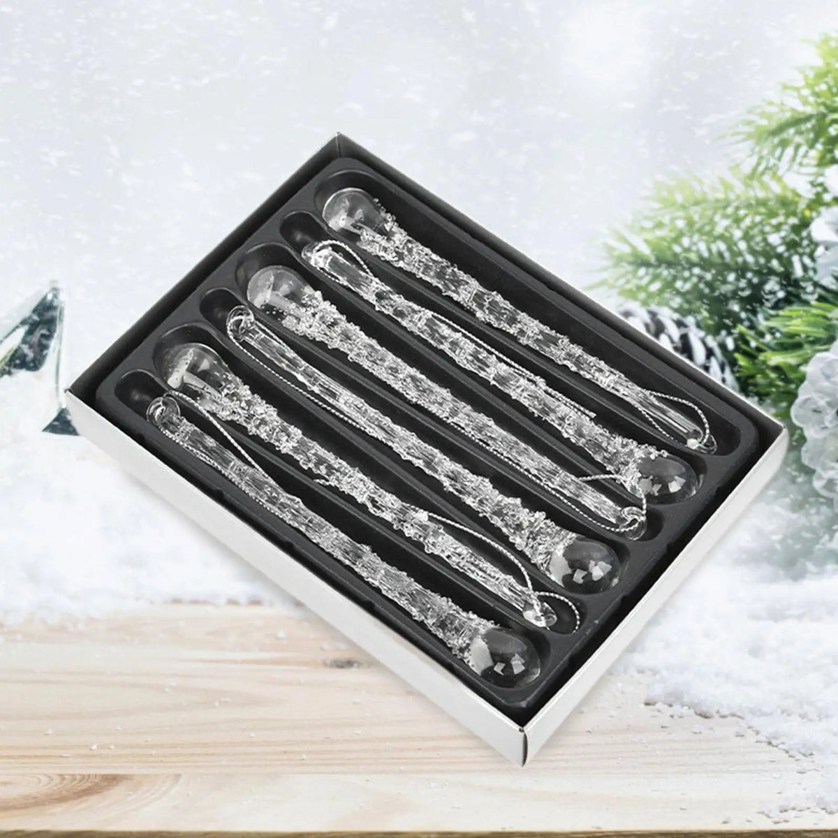 Glass Christmas Icicle Ornaments – Clear Tree Pendants Set of 6