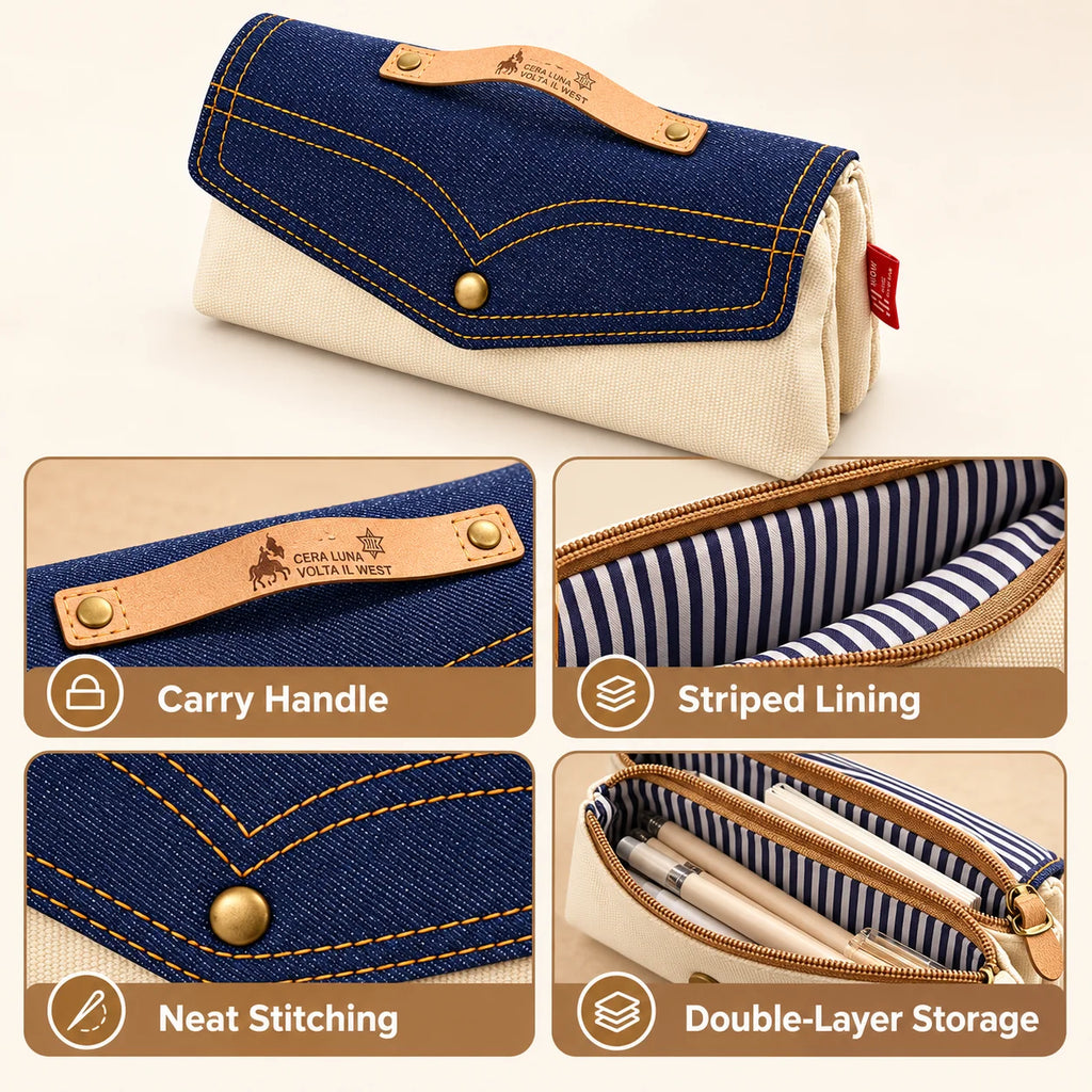 Vintage Denim Pencil Case – Large Capacity Double Layer Pouch