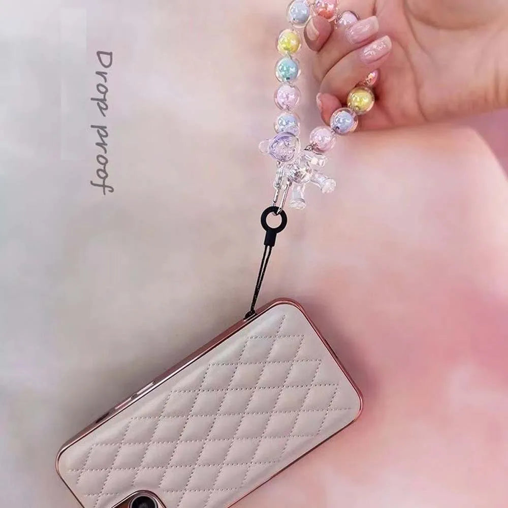 Crystal Macaron Beads Bear Phone Wrist Strap Lanyard