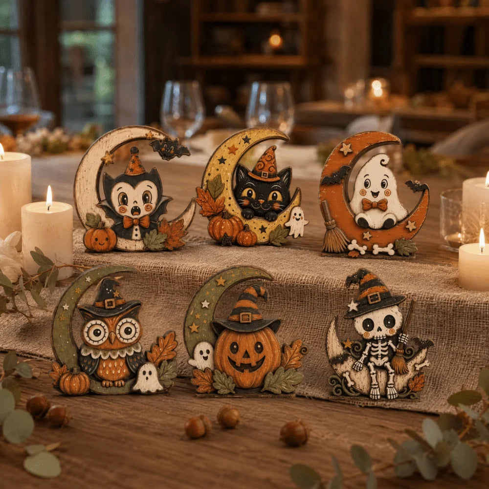 Halloween Wooden Tabletop Signs – Ghost, Pumpkin, Owl & Cat