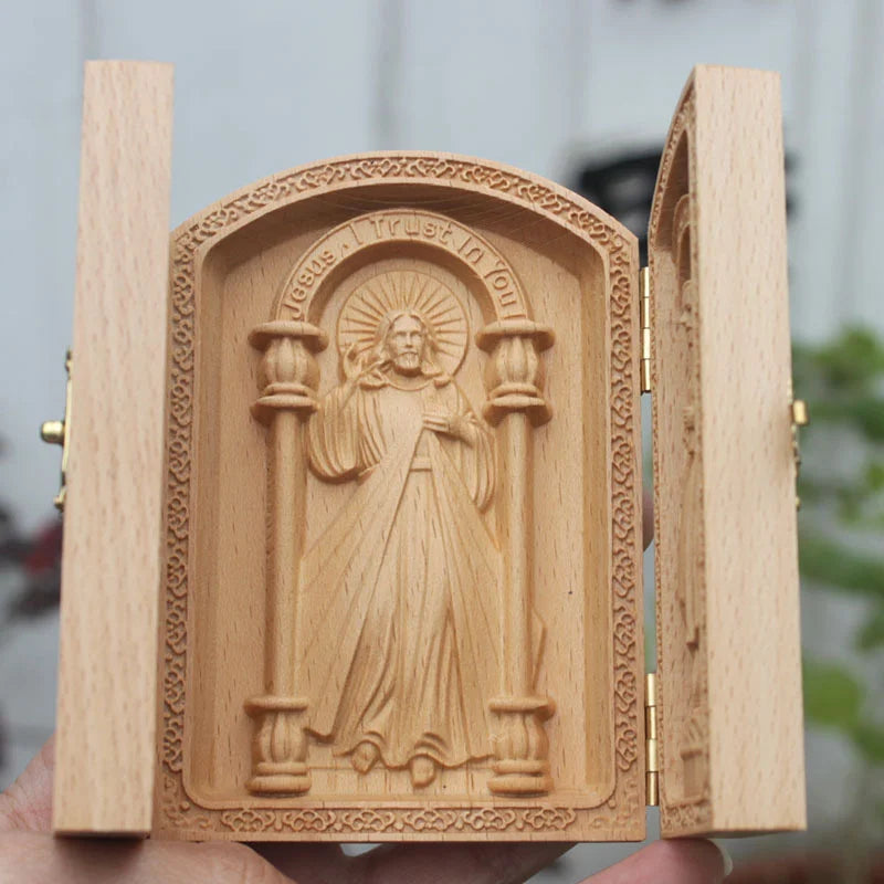 Catholic Wooden Triptych Shrine Box – Carved Religious Altar