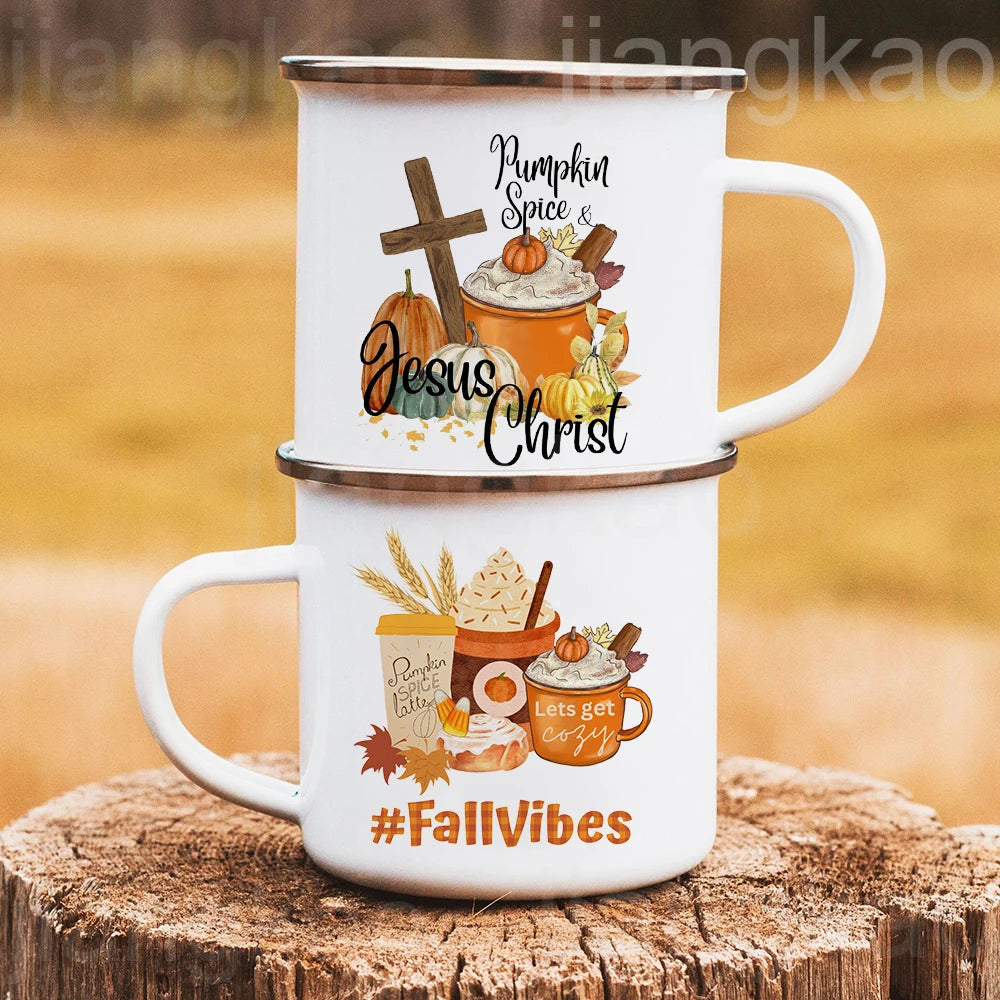 Pumpkin Spice Jesus Enamel Mug – Fall Camping Coffee Cup