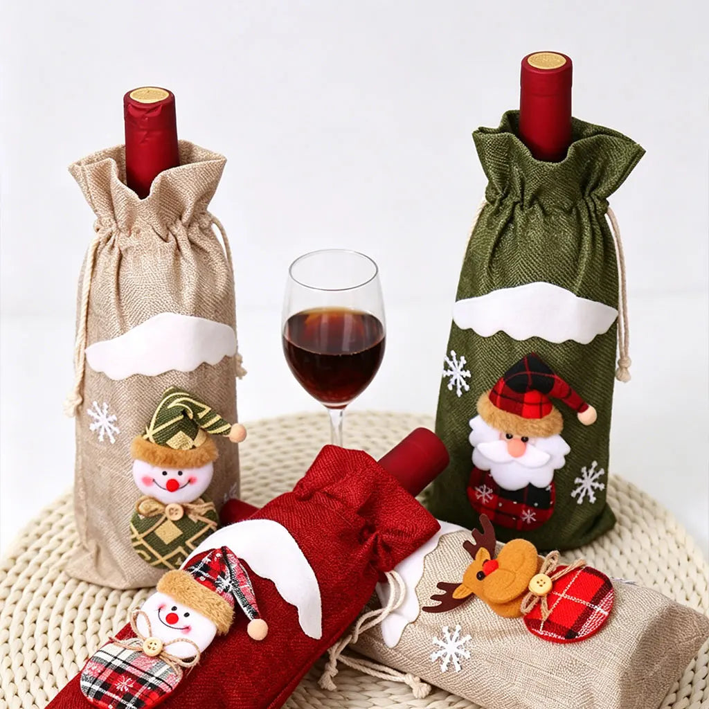 Christmas Linen Wine Bottle Cover Bag | Festive Gift Wrap