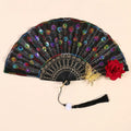 Sequin Embroidered Rose Folding Fan with Tassel – Vintage Style