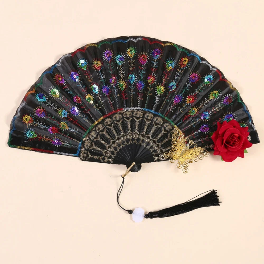 Sequin Embroidered Rose Folding Fan with Tassel – Vintage Style