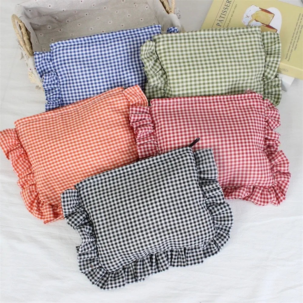 Ruffle Plaid Makeup Bag – Large Capacity Travel Toiletry Pouch