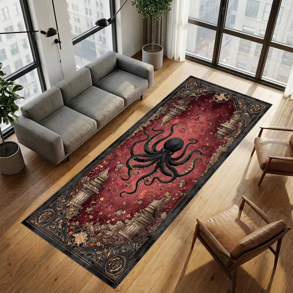 Gothic Octopus Runner Rug – Vintage Red Kraken Non-Slip Mat