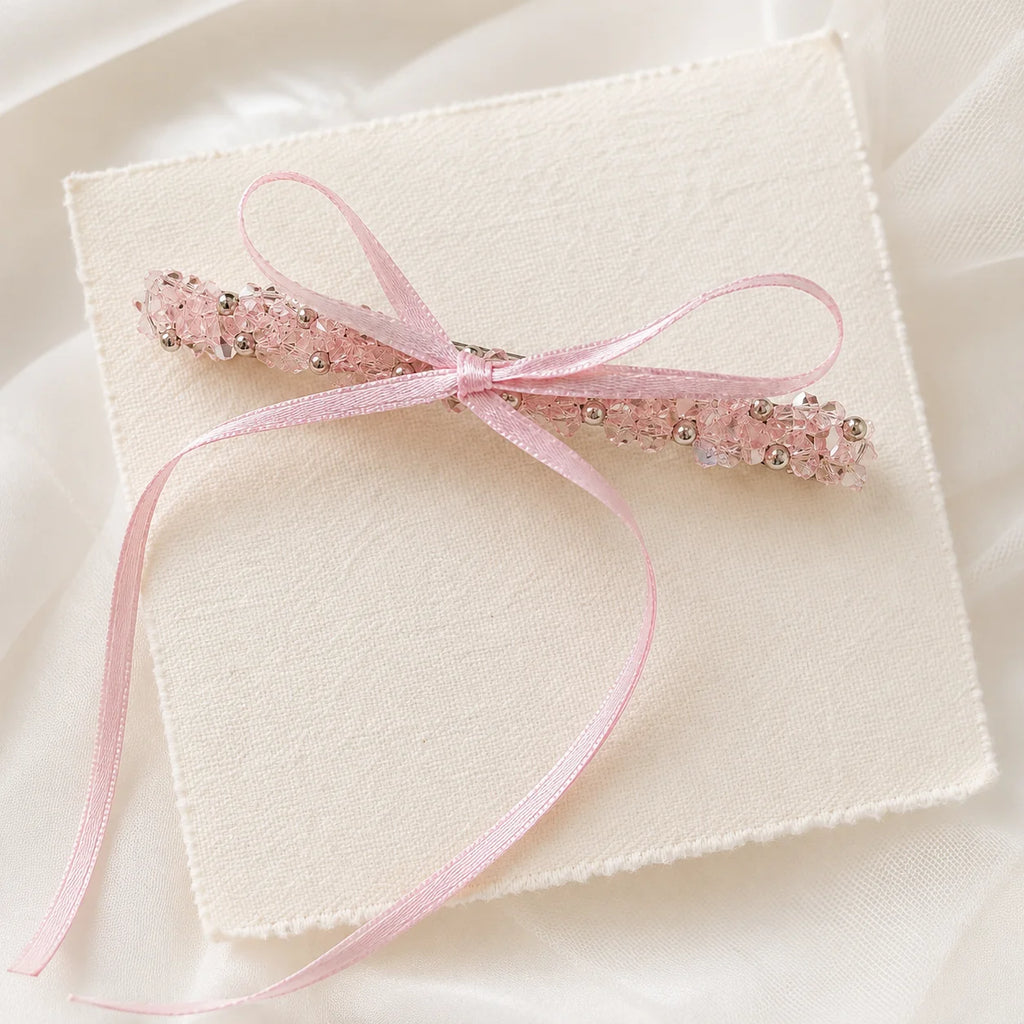 2-Pack Pink Crystal Beaded Bow Hair Clips with Long Ribbons
