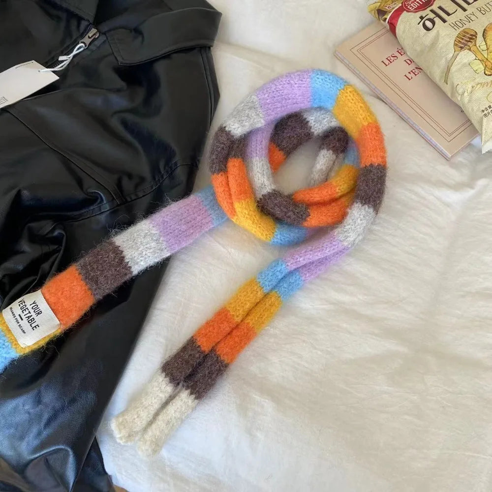 Y2K Rainbow Stripe Knitted Scarf – Slim Colorful Winter Scarf