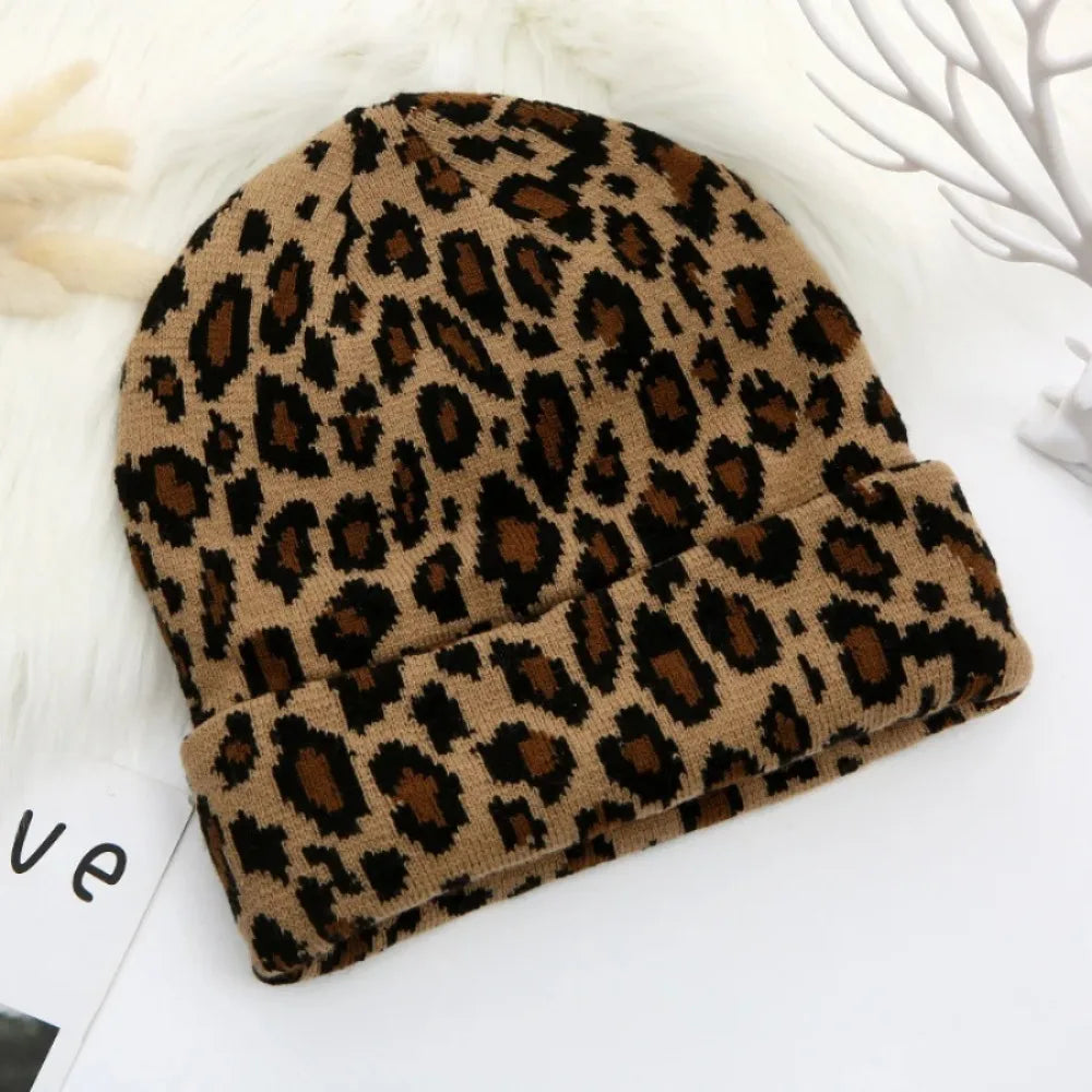 Leopard Print Jacquard Knit Beanie | Unisex Winter Skullcap