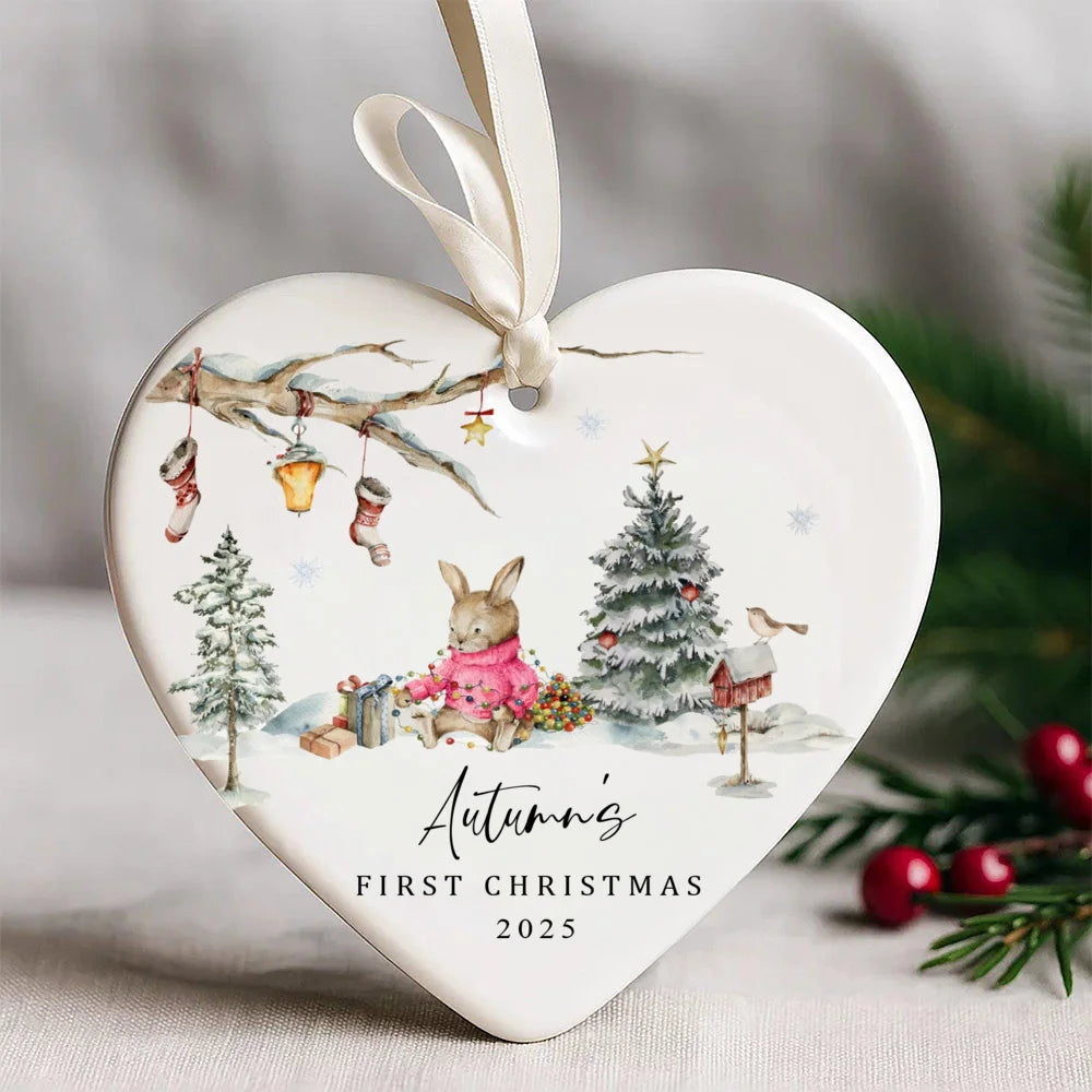 Personalized Bunny Baby's First Christmas Ceramic Ornament