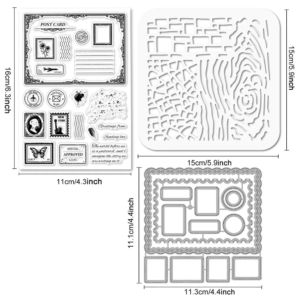 Vintage Postcard Clear Stamps, Cutting Dies & Stencil Set