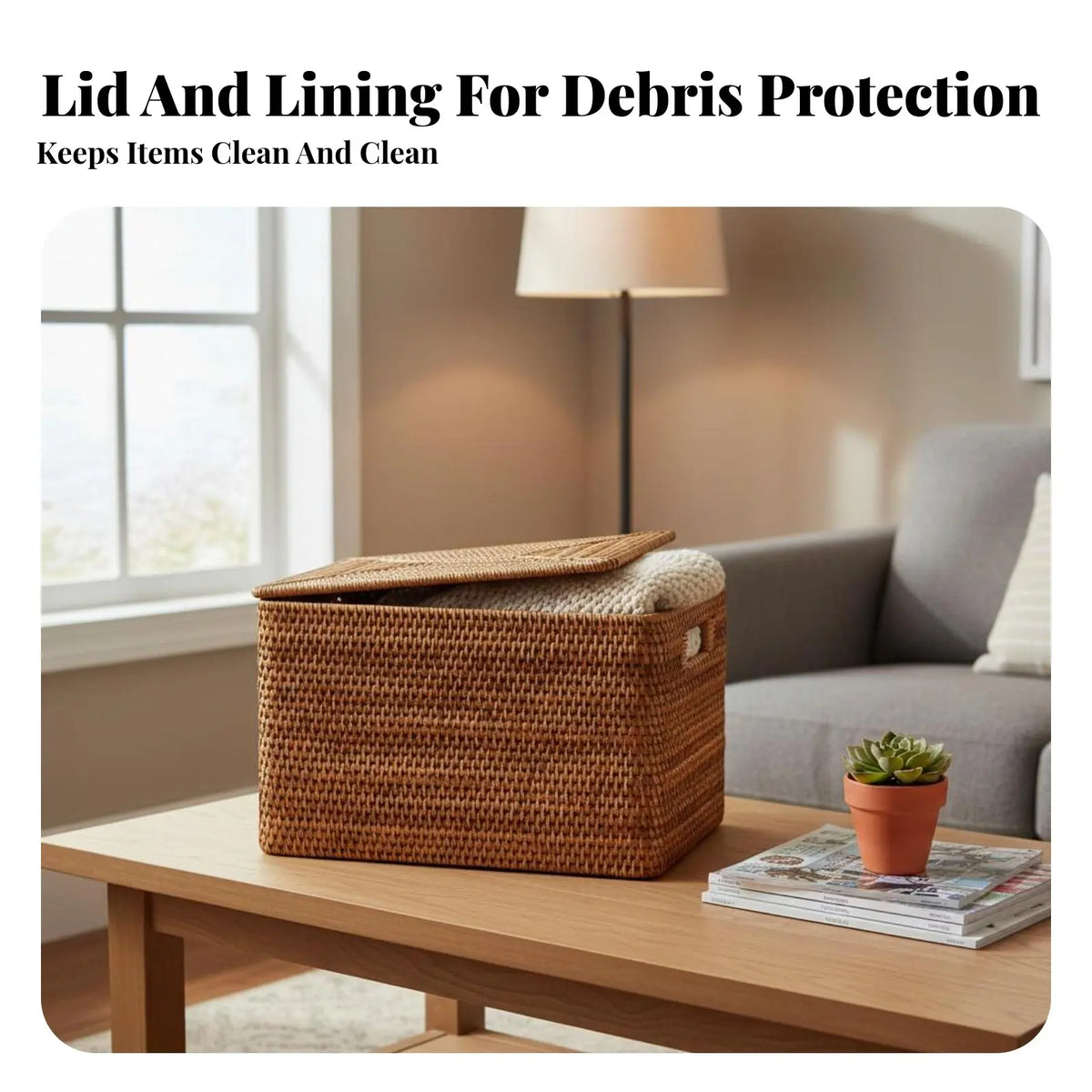 Rectangular Wicker Storage Box with Lid & Handles | Rustic