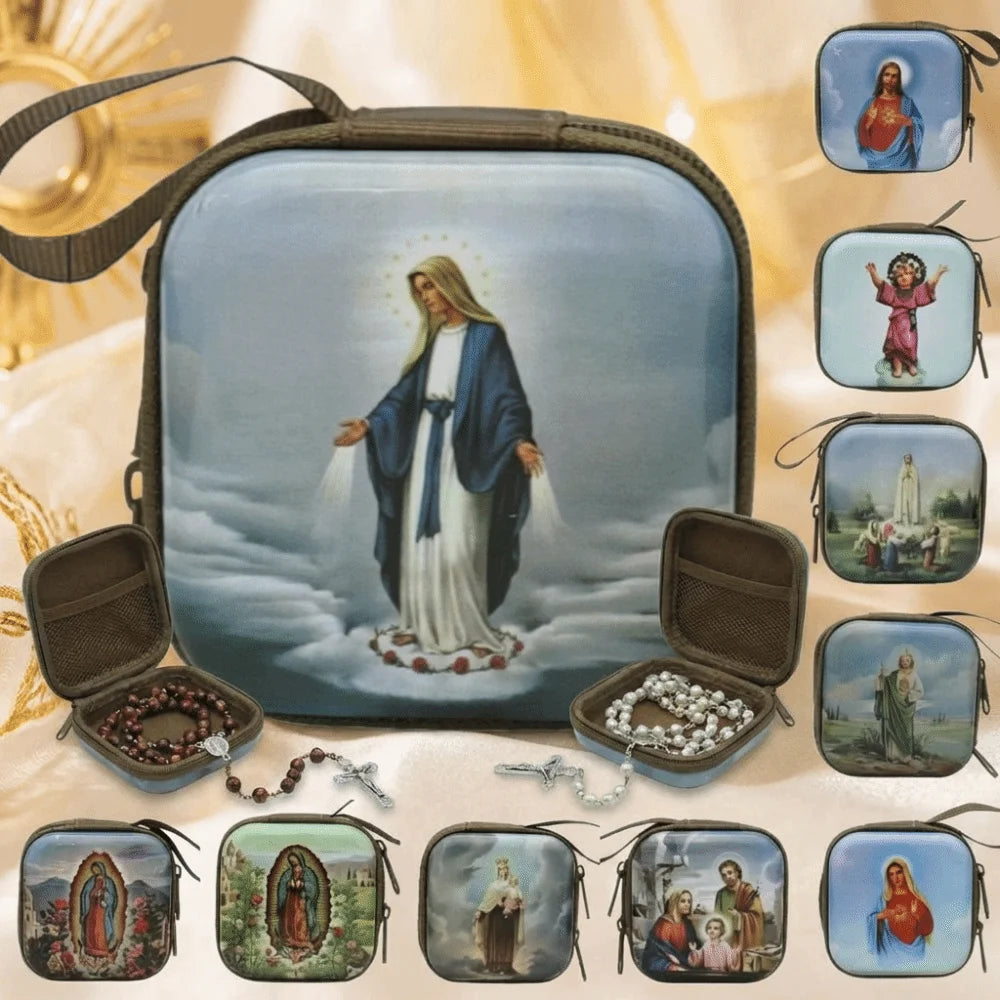 Virgin Mary Rosary Storage Box – Zippered Metal Christian Gift