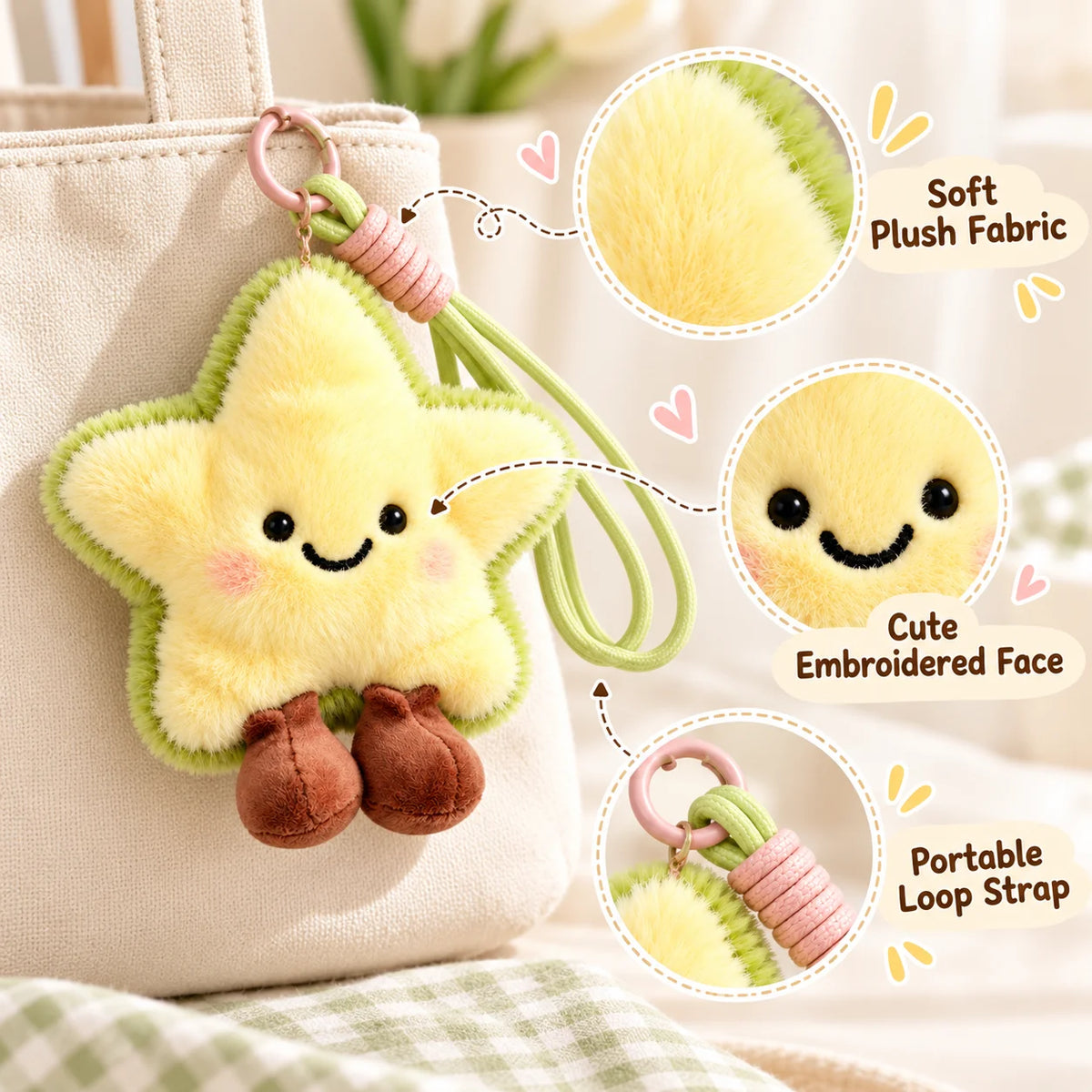 Kawaii Plush Star Keychain – Cute Smiley Stuffed Bag Charm