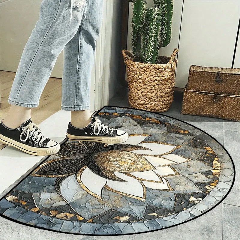 Washable Half Round Boho Floral Doormat | Non-Slip Entry Rug