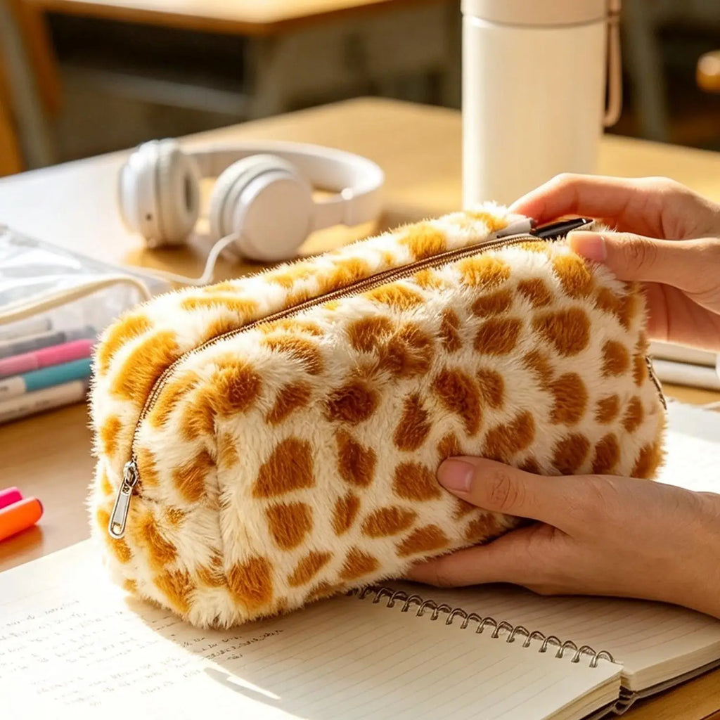 Large Capacity Plush Leopard Pencil Case & Cosmetic Pouch