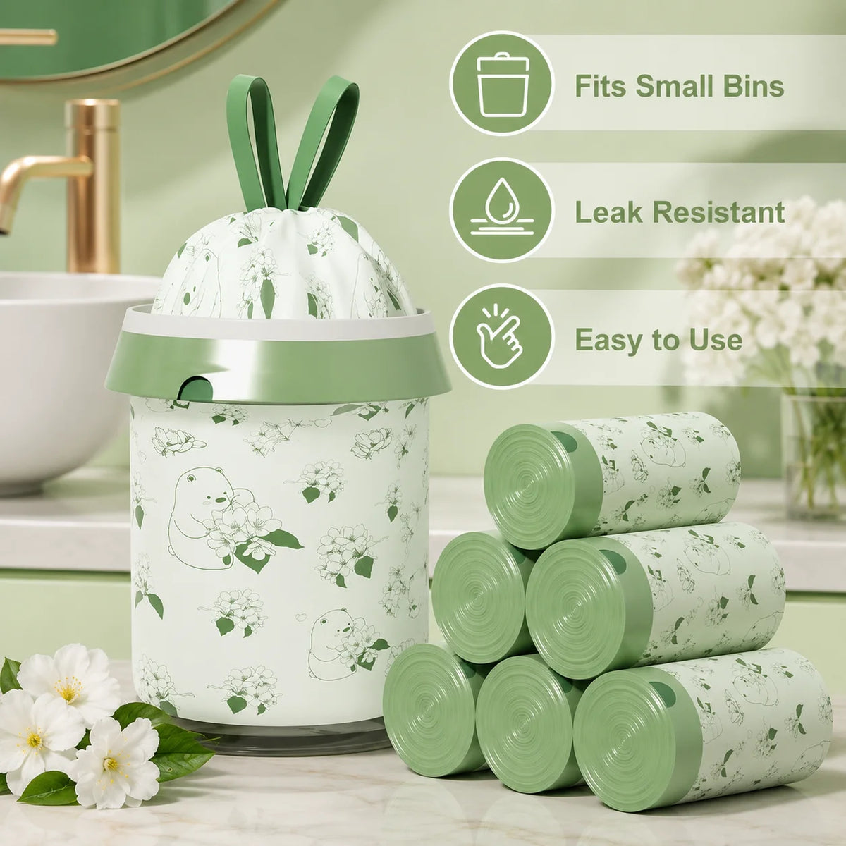 50-Count Scented Drawstring Trash Bags – 20L Cute Bin Liners