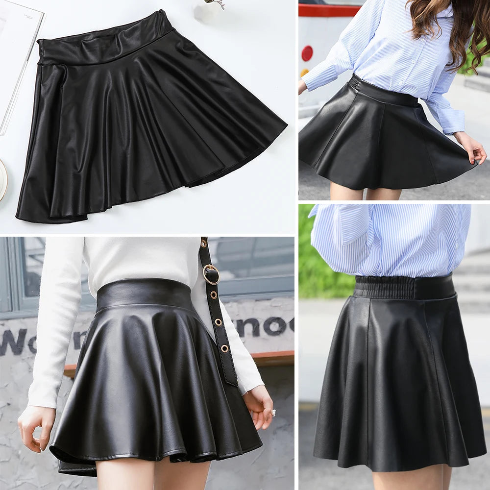 Women's Faux Leather Mini Skirt – High Waist Pleated Skater