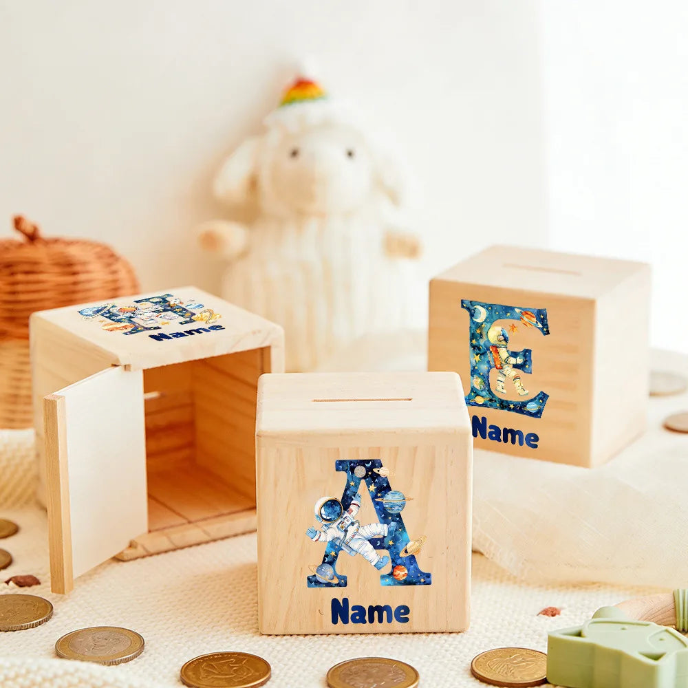 Personalized Astronaut Piggy Bank – Kids Wooden Coin Box