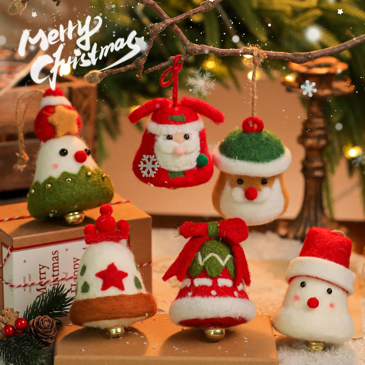 Wool Felt Christmas Bell Ornaments – Santa & Snowman