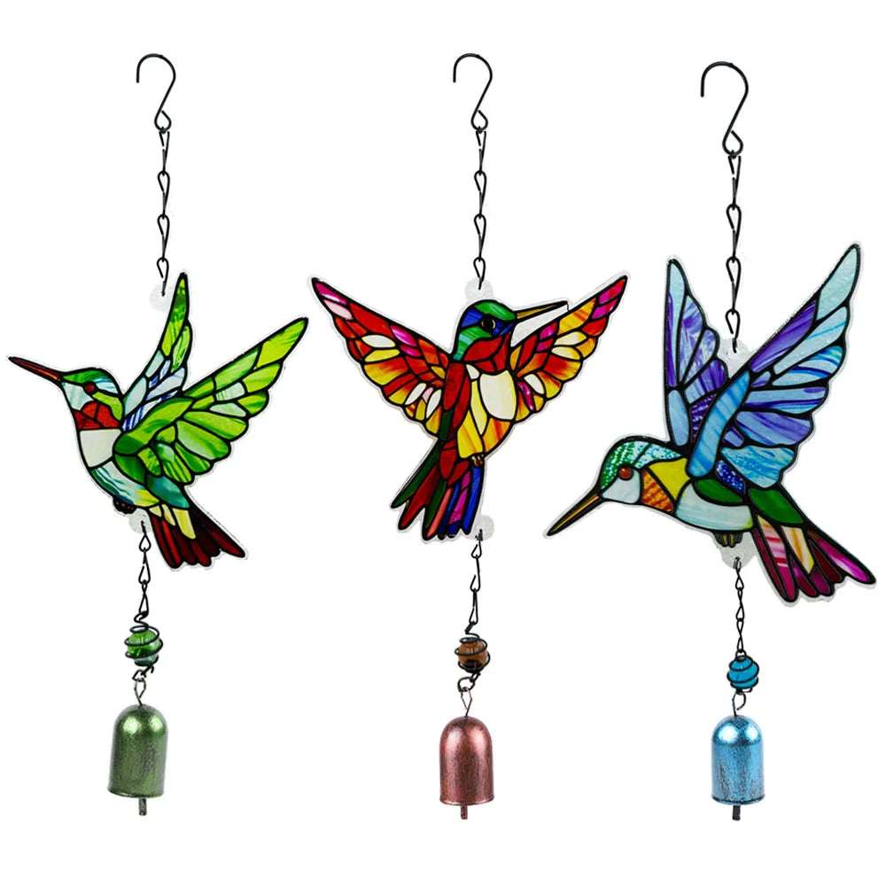 Glass Hummingbird Wind Chime | Diamond Garden Hanging Decor