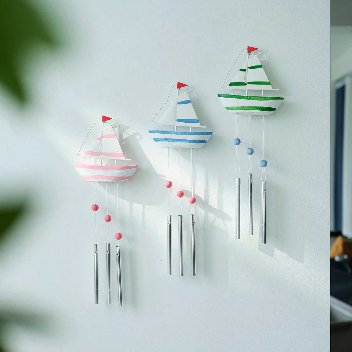 Mediterranean Sailboat Wind Chime – Metal & Wood Hanging Decor