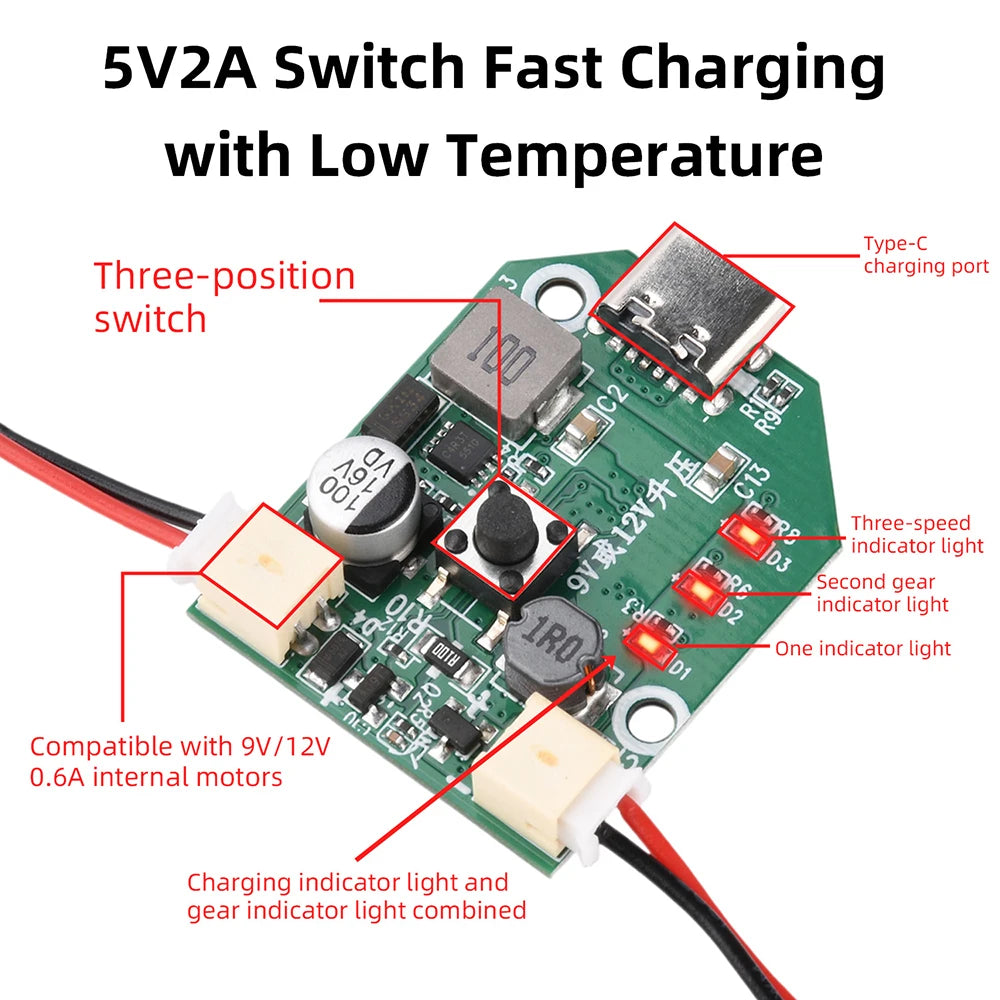 DC 9V/12V 3-Speed Brushless Fan Circuit Board | Type-C USB