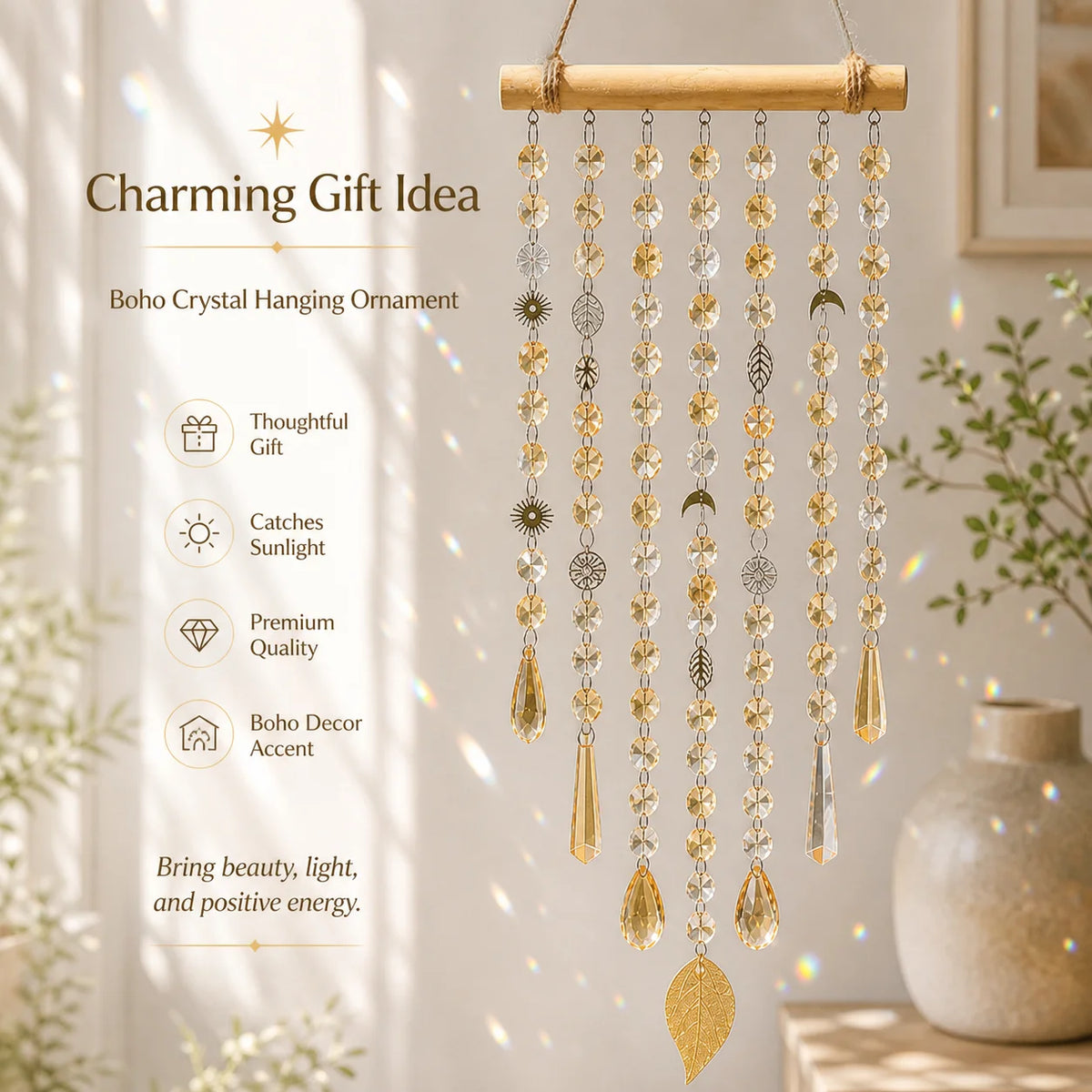 Boho Crystal Sun Catcher Hanging Decor – Sun Moon Leaf Charms