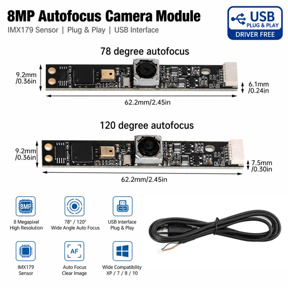 IMX179 8MP Autofocus HD USB Camera Module – 78°/120° FOV