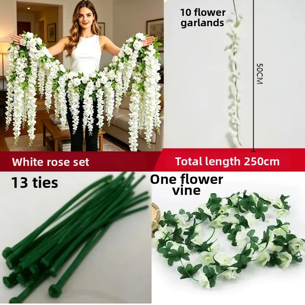 250cm Artificial White Rose Vine | Faux Flower Wall Hanging
