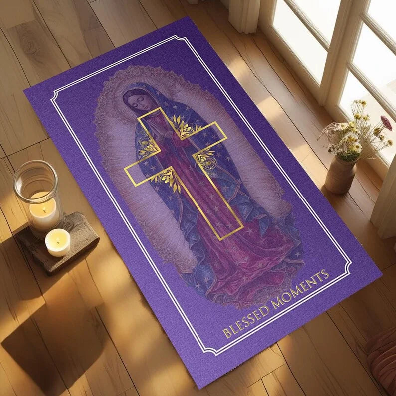 Purple Gold Floral Cross Prayer Rug – Non-Slip Christian Mat