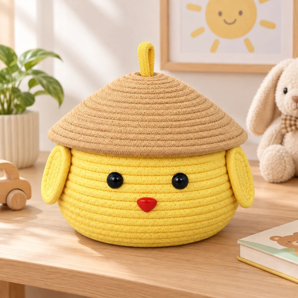 Cute Chick Woven Cotton Rope Storage Basket with Lid