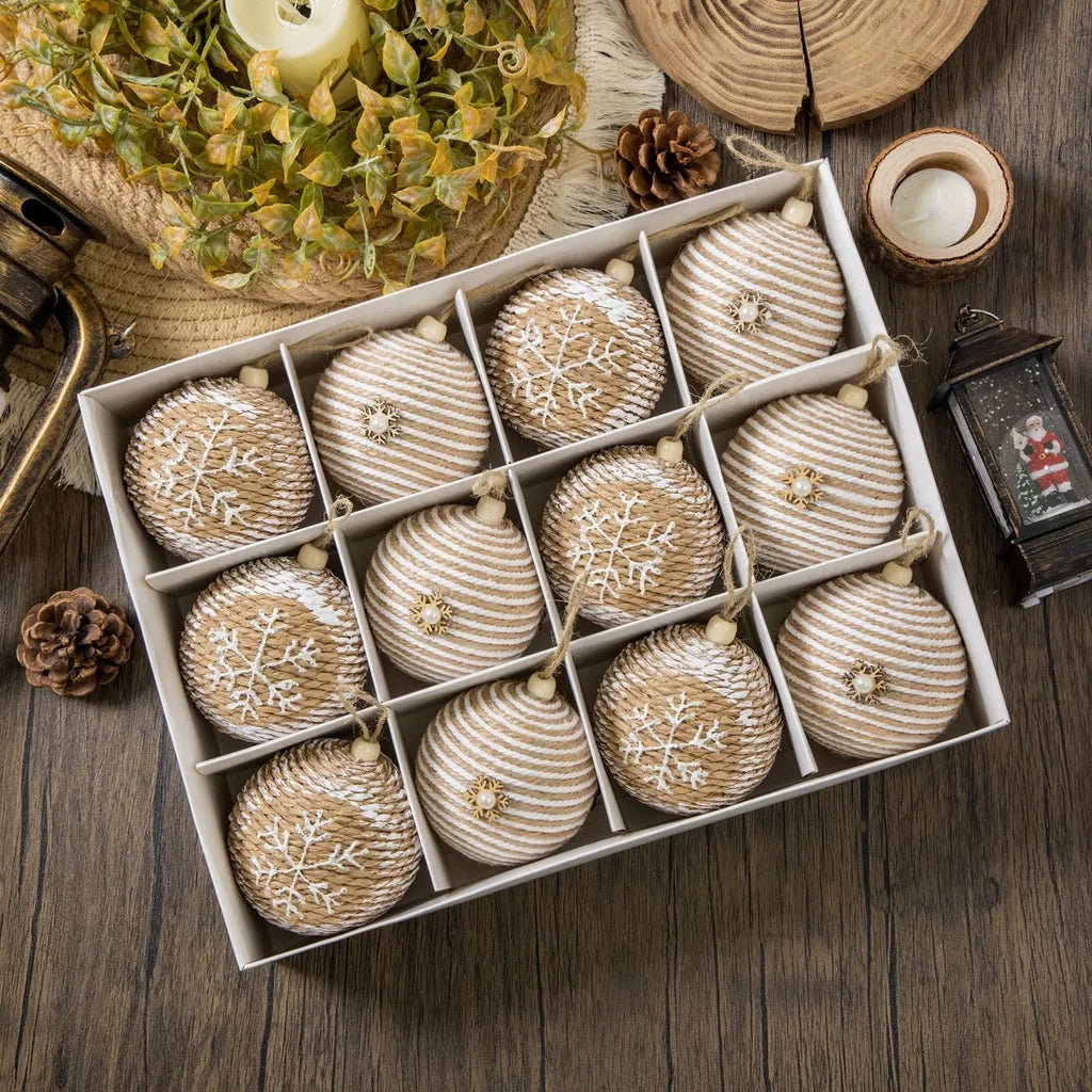 Rustic Christmas Ball Ornaments 12-Piece Jute Foam Set