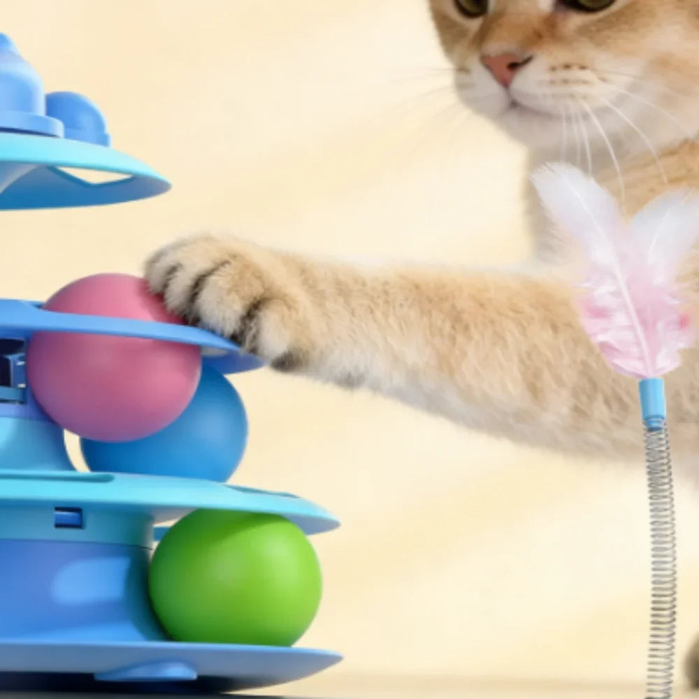 Interactive Cat Tower Toy – Roller Balls, Track & Feather