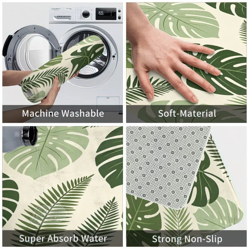 VIKAMA Boho Tropical Plant Flannel Rug – Washable Indoor Mat
