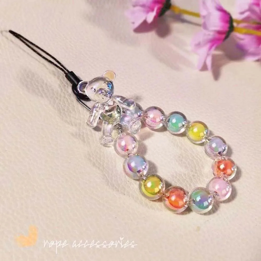 Crystal Macaron Beads Bear Phone Wrist Strap Lanyard